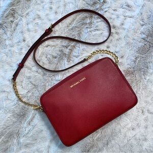 Michael Kors Jet Set Large Saffiano Leather Crossbody Bag, Red, 9"x6.4"x0.75"